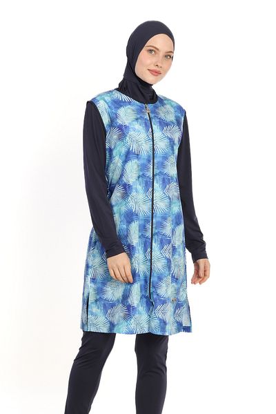 İYİBU Liamay Blue Leaf Pattern Full Covered Hijab Swimsuit 4 Pieces Water Repellent, Parachute Fabric