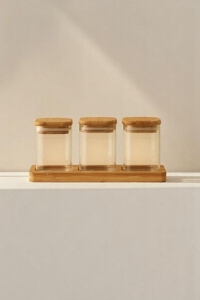 Mirilliahome Set of 3 Glass Spice Rack |   Spice Rack with Bamboo Lid and Stand