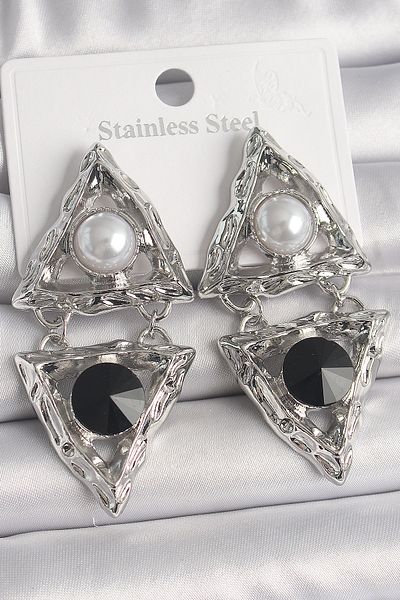 Skygo Brass Silver Color Dangle Triangle Model Pearl Detail Women's Earrings - Tj-Bkp10089