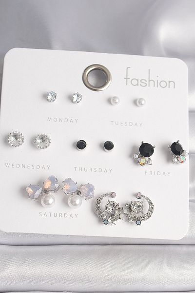 Skygo Brass Silver Color Zircon Stone Bow Figure Pearl Detail 7 Pairs Women Earrings Set - Tj-Bkp10140