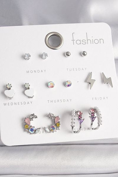 Skygo Brass Silver Color Zircon Stone Pearl Hoop Lightning Detail 7 Pairs Women Earrings Set - Tj-Bkp10136