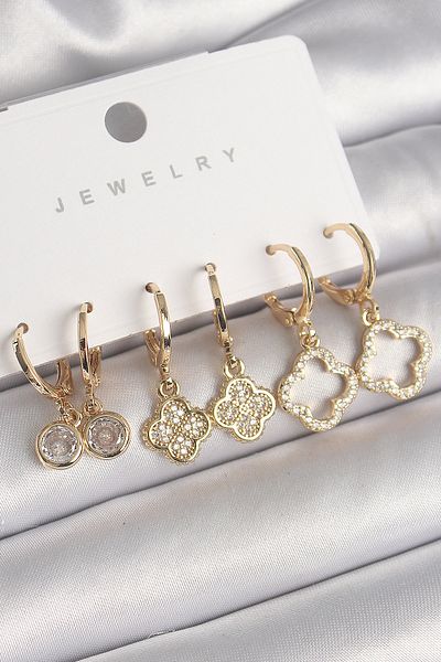 Skygo Brass Gold Color Dangle Zircon Stone Clover Model Women's Earring Set - Tj-Bkp10274