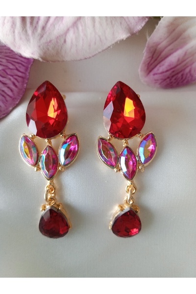 Handmade red gemstone gold swing earrings