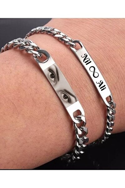 Doğaltaş Kişiye Özel Göz Portreli Çelik Bileklik + Yazılı Çelik Bileklik Seti
