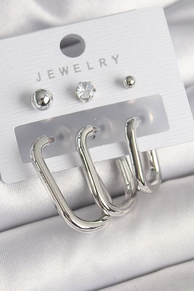 Skygo Brass Silver Color Hoop Model Zircon Stone Topcuk Detail Women's Earring Set - Tj-Bkp10313