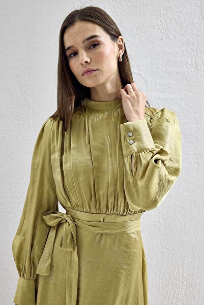 Hooopstore Jasmine Shiny Textured Oil Green Dress