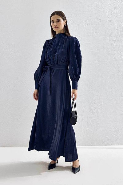 Hooopstore Jasmine Shiny Textured Navy Blue Dress