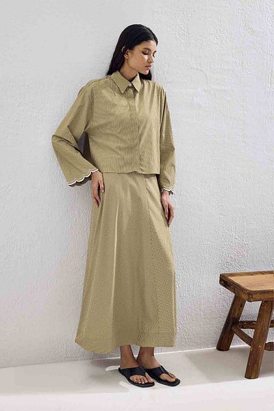 Hooopstore Luna Embroidery Detailed Striped Camel Skirt Suit