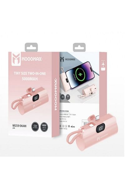 MOOGMAX Moog Max 5000mAh Power Bank, lipstick size, comes with 2 cables connected to the iPhone USB-C cable
