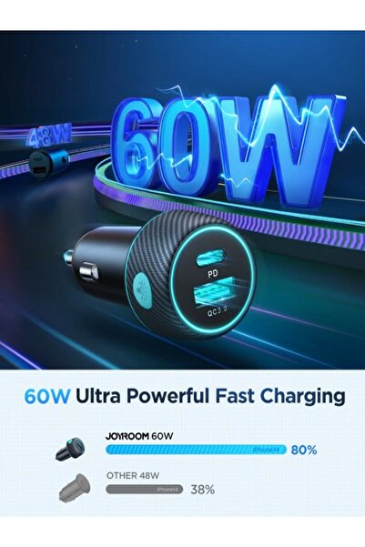 Joyroom JR-CCN01 60W USB+USB-C / Type-C Multi-color Car Charger with Light Button Black