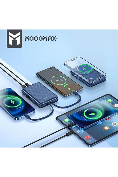 MOOGMAX Moog Max 10000mAh PD Wireless Power Bank – Fast Charging + Reverse Charging + Built-in Cables – Silver