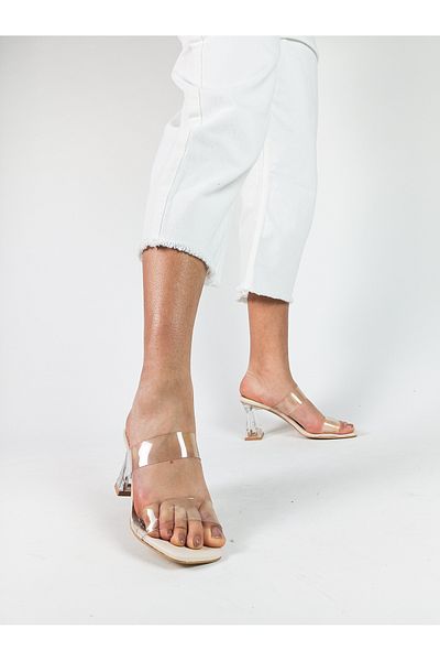 GDT Ayakkabı Beige Color Transparent Tape Heel Thick Heel Women's Slippers