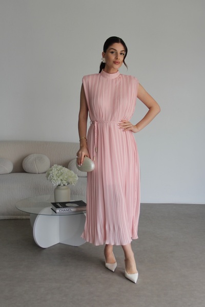 Julidress Pink Stand Collar Sleeveless Lined Girdle Pleated Midi Premium Dress