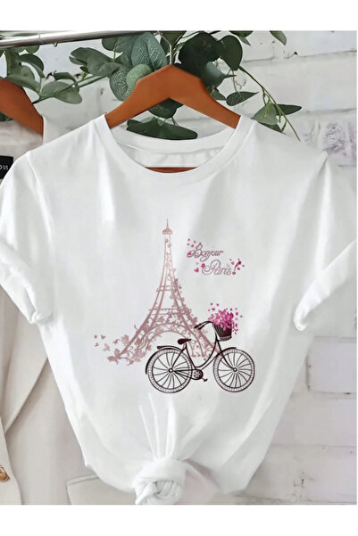 Trend Sizde Tricou unisex din bumbac Turnul Eiffel cu design imprimat în față