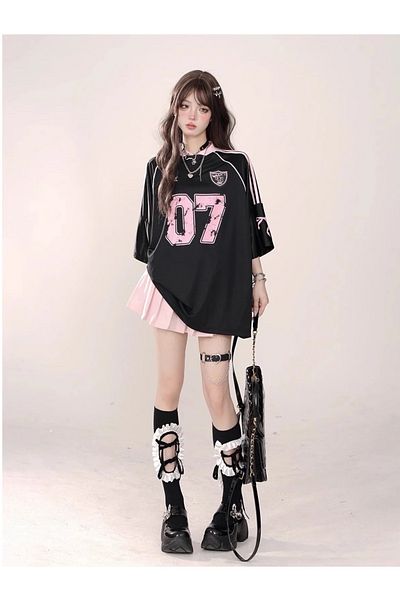 Minga London Ribbon 07 Pink & Black Oversize Unisex Tshirt -Minga London