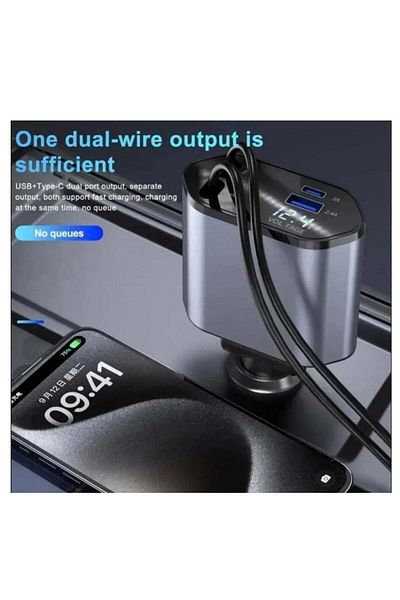 Denx شاحن سيارة قابل للسحب 4 في 1 مع منفذ USB Type-C Lightning-Digital وولاعة سجائر السيارة