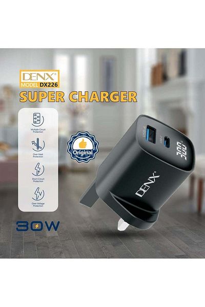 Denx شاحن سفر فائق السرعة 30 وات بمنفذين USB-C+USB-A، 30 وات، PD+PowerIQ 4.0، شحن سريع،