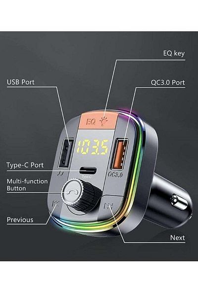 Denx شاحن سيارة ومشغل بلوتوث مع 3 منافذ USB PD، متوافق مع معظم الهواتف الذكية، أسود
