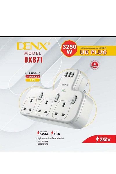 Denx شريط طاقة حائطي مزود بثلاثة منافذ ثلاثية ومنفذين USB ومنفذ PD يدعم الشحن السريع