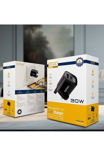 Denx شاحن سفر فائق السرعة 30 وات بمنفذين USB-C+USB-A، 30 وات، PD+PowerIQ 4.0، شحن سريع،
