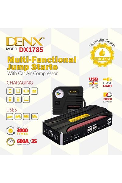 Denx منفاخ هواء متطور 4 في 1 مع اشتراك من شركة داينكس يعمل على نفخ جميع أنواع السيارات والدراجات الهوائية