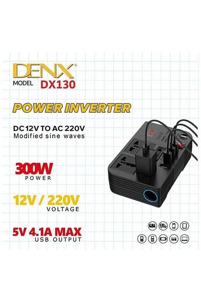Denx محول طاقة للسيارة بمدخل ولاعة سجائر من 12 فولت إلى 220 فولت بقوة 300 واط Multi DX130 DENX