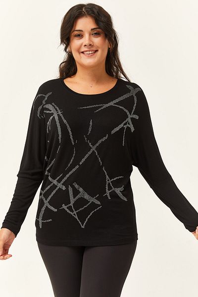Ebsumu Women's Plus Size Stone Printed Bat Sleeve Black Blouse
