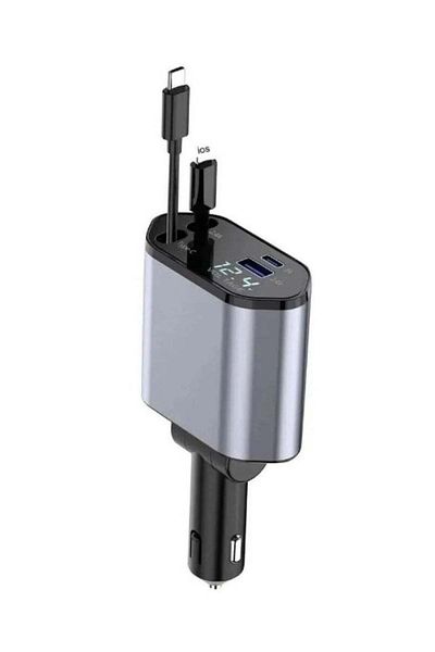 Denx شاحن سيارة قابل للسحب 4 في 1 مع منفذ USB Type-C Lightning-Digital وولاعة سجائر السيارة