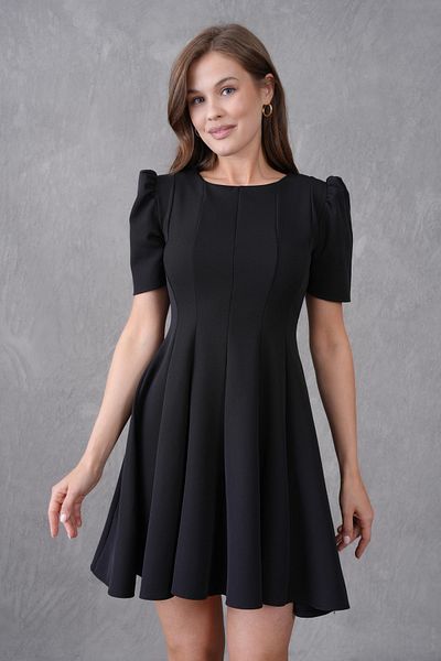 bayansepeti Women's Black Pleated Design Princess Sleeve Detail Flared Cut Mini Dress 2199