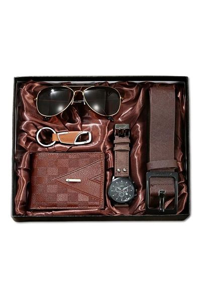 REDz Accessories Gift Set 5 Accessories, Men, Watch And Wallet, Classic Business Look, Classic Geneva Model, Brown