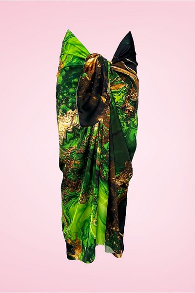 pistore Green Black Marbling Patterned Long Pareo Satin Women's Beach Dress New Season