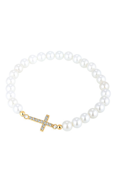 ELLI Dámský elegantní náramek Cross s perlami ve tvaru mušle a krystaly ze sterlingového stříbra 925