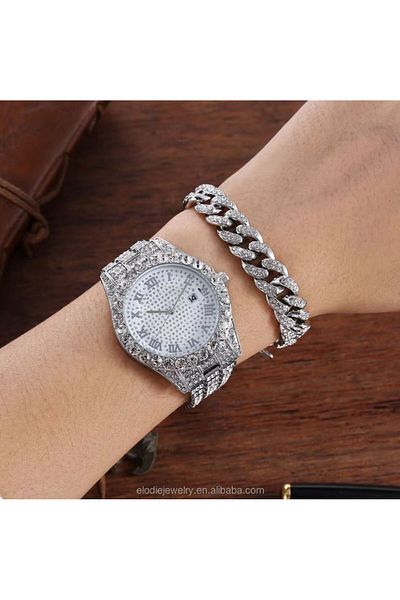 REDz Accessories Gift Set 2 Cuban Accessories, Watch + Bracelet, Zirconia Crystals, Crystal Waterfall, Metal, Silver