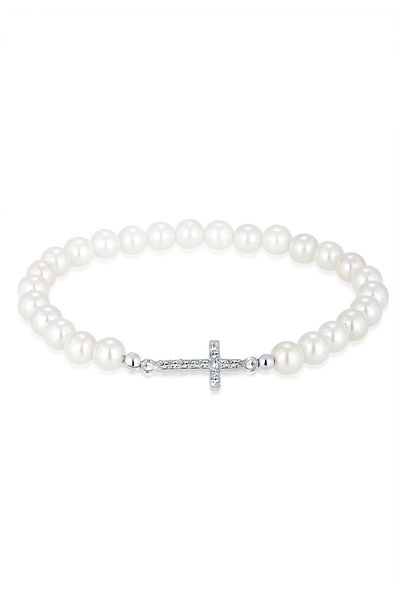 ELLI Brățară de damă cu cruce elegantă, cu miez de scoică, perle și cristale, din argint 925