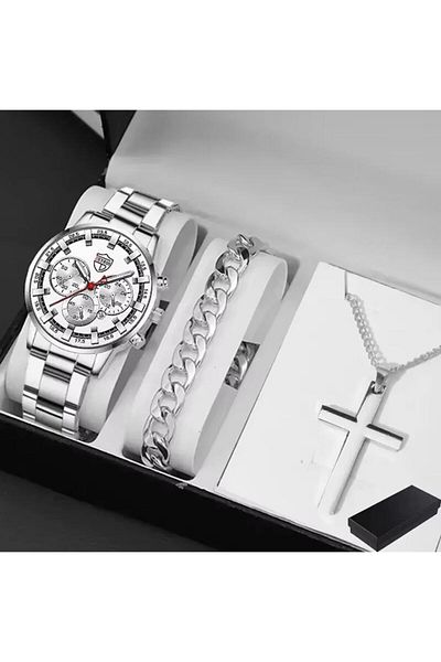 REDz Accessories Gift Set 3 Accessories, Watch Bracelet Chain, For Men, Elegant Model Deyros, Silver And White