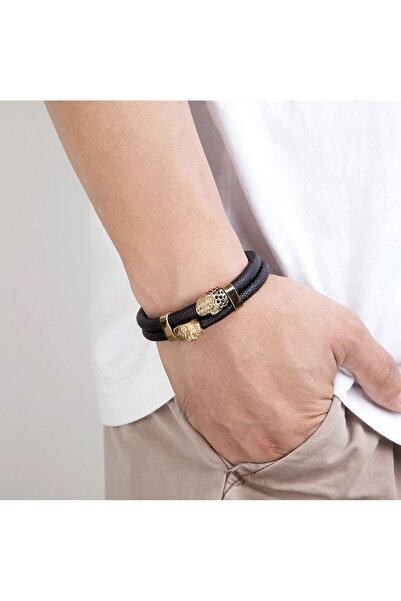 REDz Accessories Βραχιόλι με διπλό κρανίο, Ανδρικό, Γνήσιο Δέρμα, Μαύρο-Χρυσό