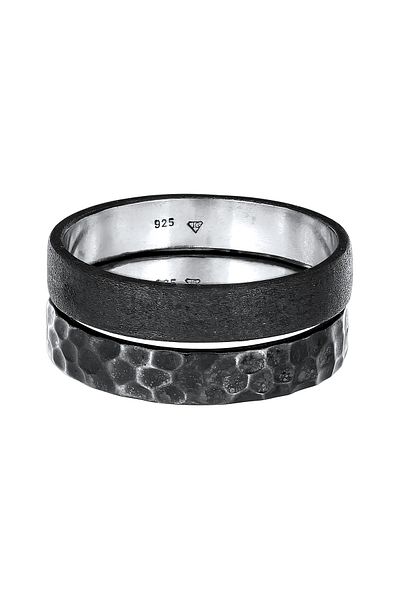 KUZZOI Ring Herren Band Set Basic Gehämmert In 925 Sterling Silber Oxidiert