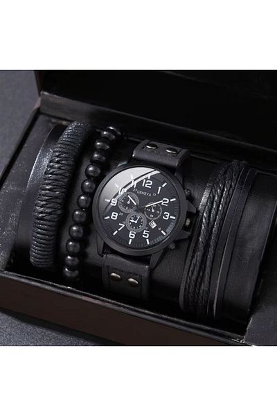 REDz Accessories Set cadou 4 accesorii casual, bărbătesc, ceas 3 brățări, model Urban Geneva, aspect piele, negru