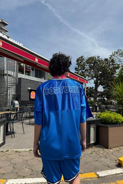 Jr.Crime Couture Nakışlı Şerit Detay Mavi File Oversize Forma Tshirt