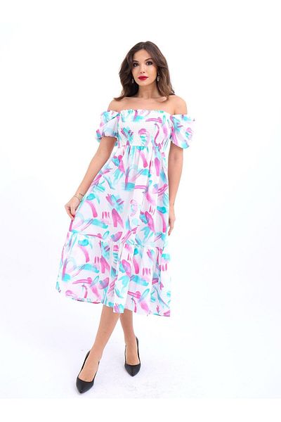 lovebox New Season Poplin Fabric Print Off-the-shoulder Short Sleeve Summer Dress Beach Dress 5525