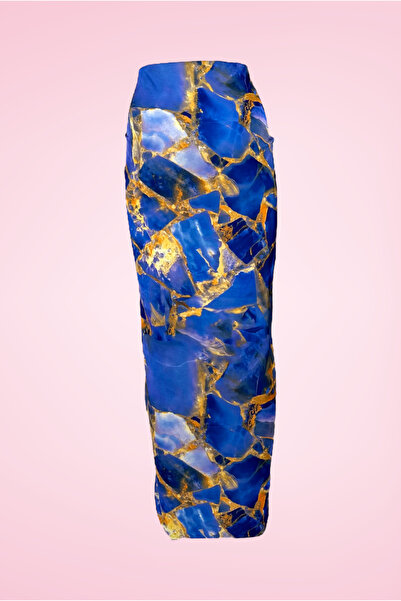 pistore Navy Blue Yellow Marbling Patterned Long Pareo Satin Women's Beach Dress New Season