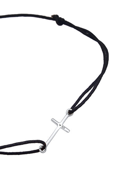 ELLI Brățară de damă cu cruce, simbol trend, elastică, nailon, neagră, din argint 925