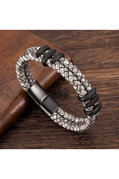 REDz Accessories Βραχιόλι Δράκου, Ανδρικό, Γνήσιο Δέρμα, Μαύρο-άσπρο