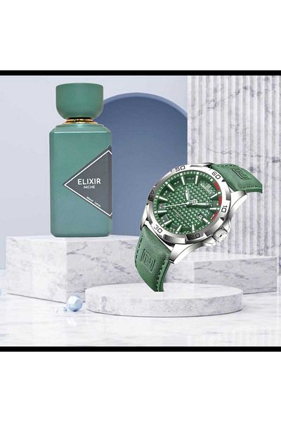 Naviforce Naviforce Men's Analog Sports Watch with Green Leather Strap and Elixir Perfume 100ml