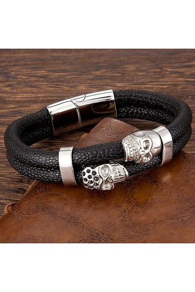 REDz Accessories Brățară cu craniu dublu, bărbați, piele naturală, negru-argintiu