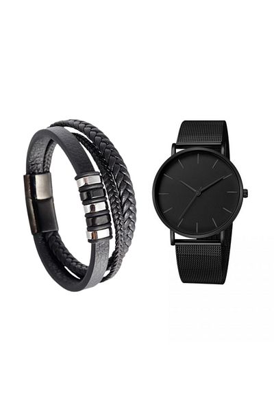 REDz Accessories Set bărbătesc, ceas ultrasubțire + brățară triplă din piele, negru
