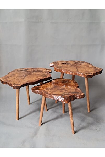 MbkWood Doğal Ahşap Meşe Ağacı 3 Lü Orta Zigon Sehpa