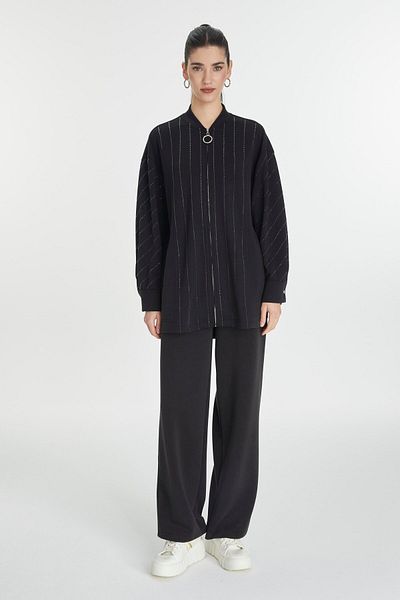 Zühre Stone Processing Detailed Zippered Black Double Suit Tk-1456