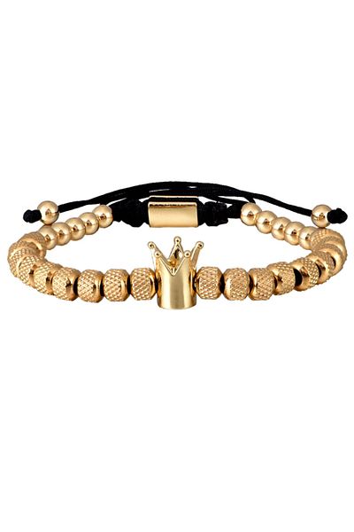 REDz Accessories Royal Bracelet, Men, Crown Pendant, Metal Beads, Gold