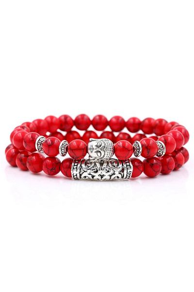 REDz Accessories Set of 2 Buddha Bracelets, Natural Stones, Red